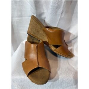 Clarks Collection Tan Leather Cork Wedge Slide Sandals Women's 9 M 26106248